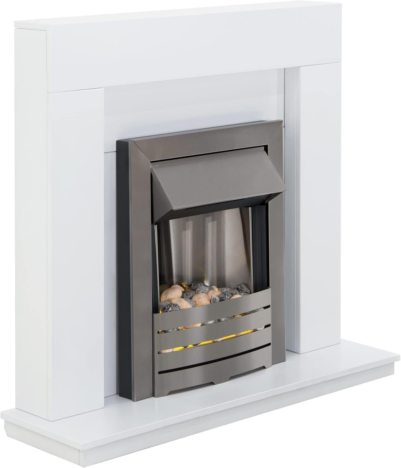39” White Electric Fireplace Suite LED Heater Brushed Steel Glow Fire