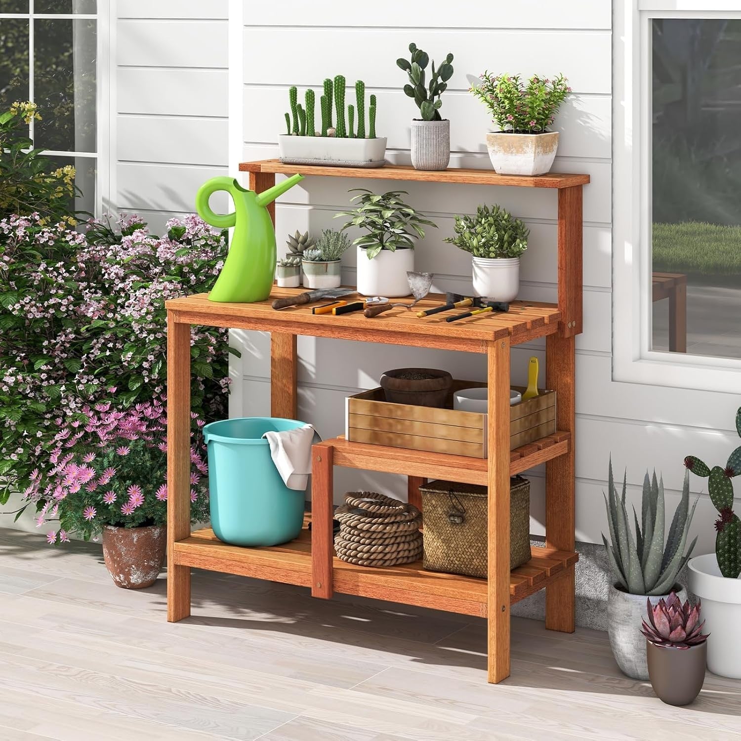 Wooden Garden Potting Table Bench w/ Shelves Teak Oil Finish Outdoor 91x46