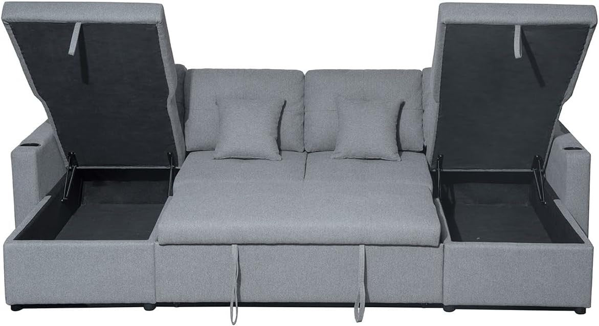 Grey Fabric U-Shaped 4 Seater Sofa Bed with Storage Ottoman & Pull-Out