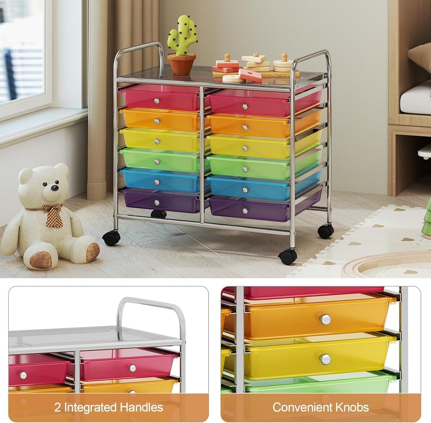 12 Drawer Rolling Storage Cart Rainbow Utility Trolley Organizer Wheels