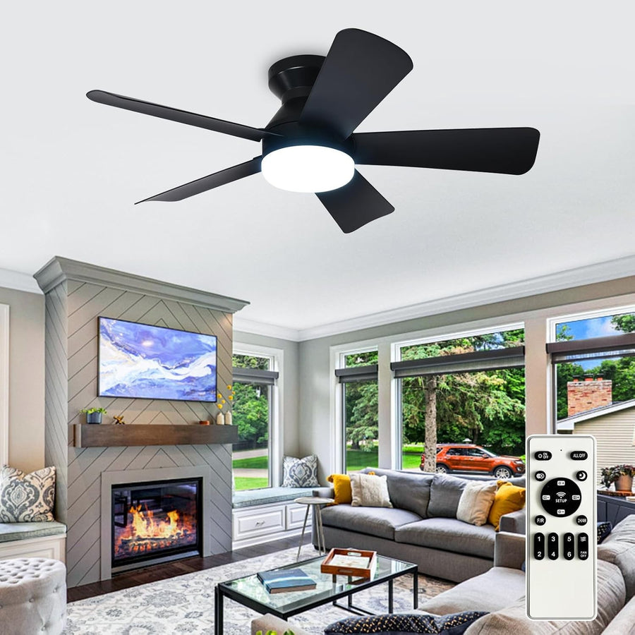 35-Inch Black Ceiling Fan with Lights 5 Blades 6 Speeds Remote