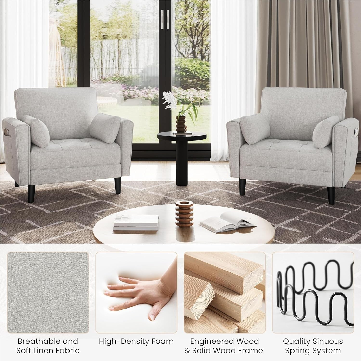 Grey Fabric Tub Chair Oversized Accent Armchair with Pillows & Storage