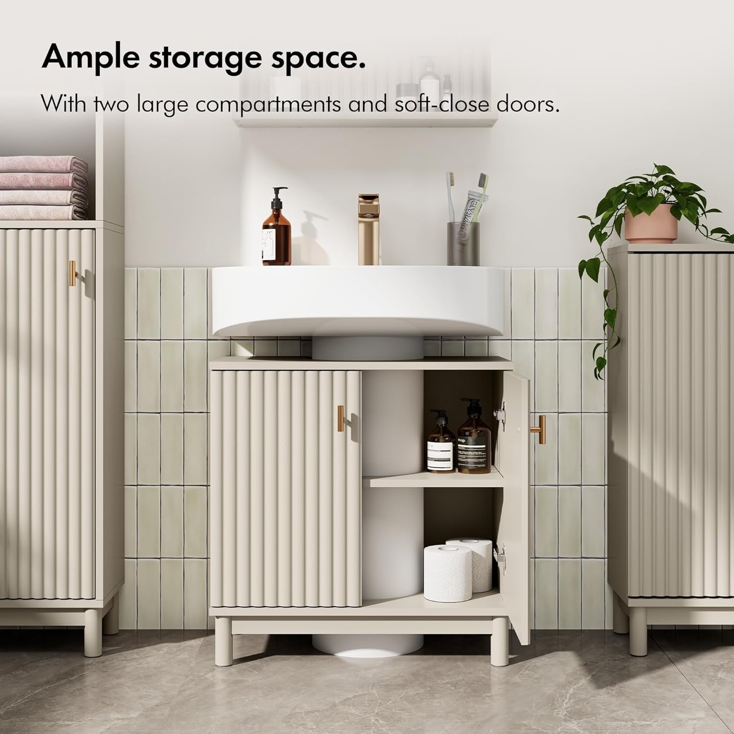 Stone Under Sink Bathroom Cabinet with Shelf Storage 60x30x60cm