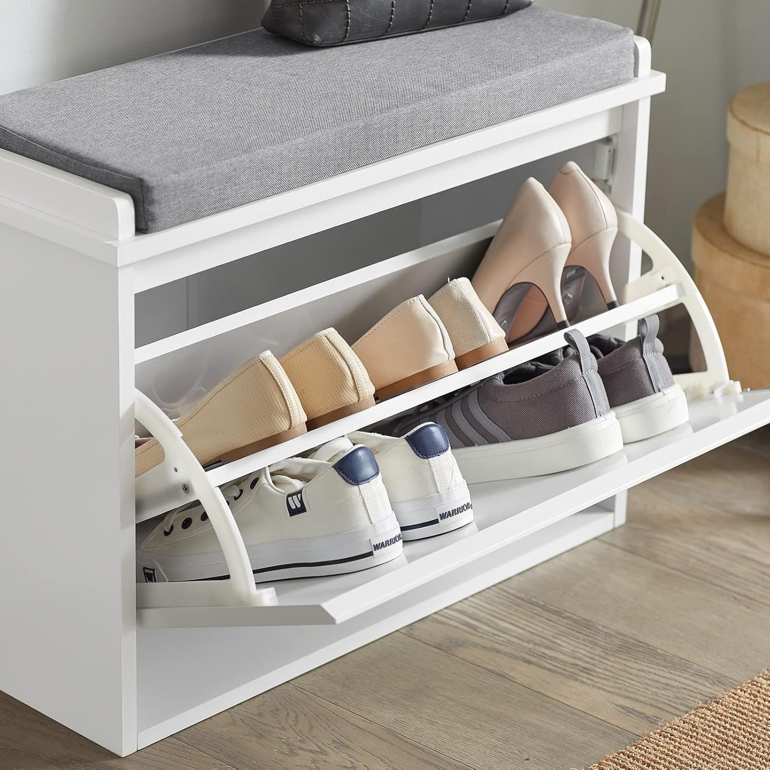 White Shoe Bench with Cushion – Flip Drawer Storage Seat 62cm Hallway