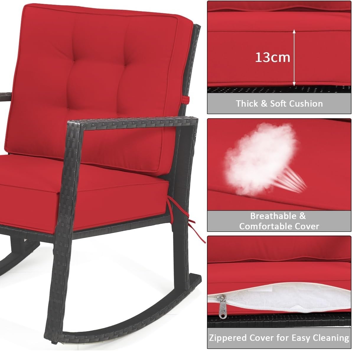 Red Rattan Rocking Chair Cushioned Patio Garden Porch Outdoor Relax Seat