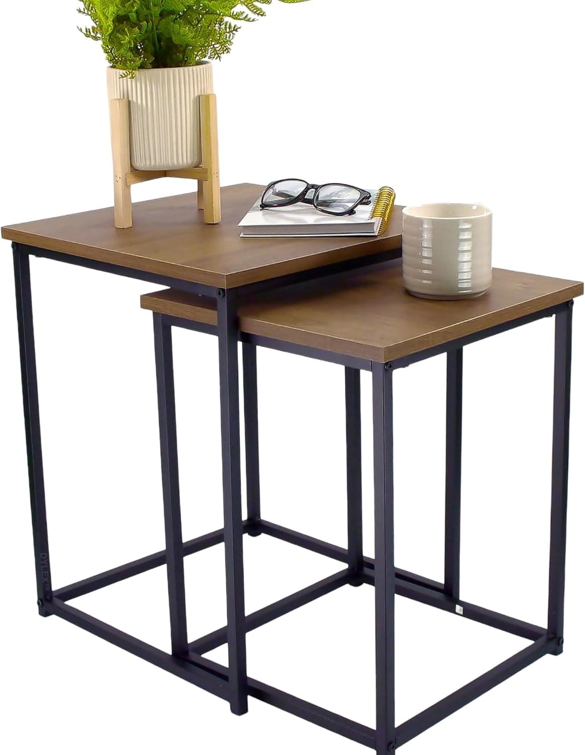Set of 2 Square Nesting Coffee Tables Modern Wood & Metal Side End Table New