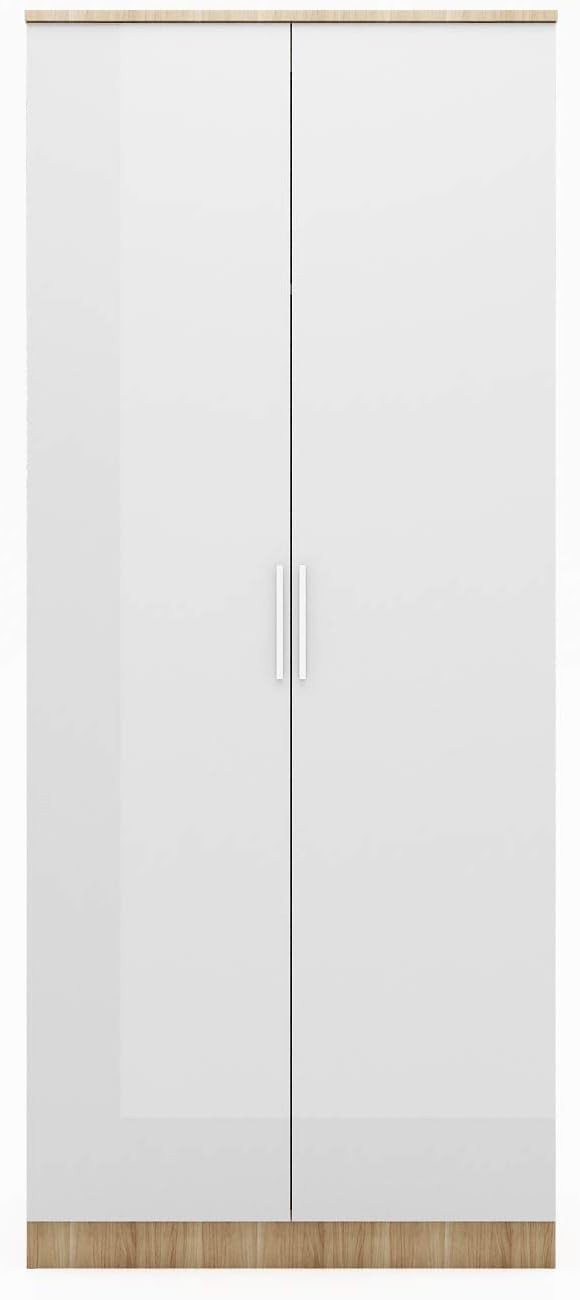 2 Door Wardrobe High Gloss White Oak Soft Close Modern Bedroom Storage