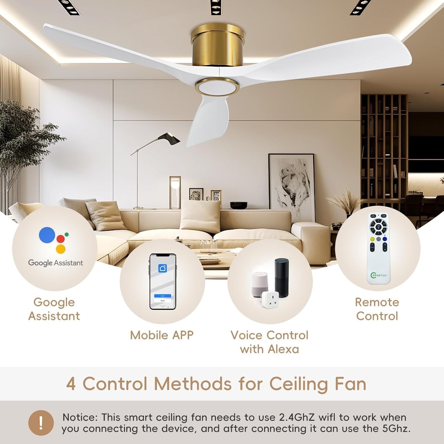 OFANTOP 132CM Smart Ceiling Fan with Light, 3-Blade, Dimmable LED, White