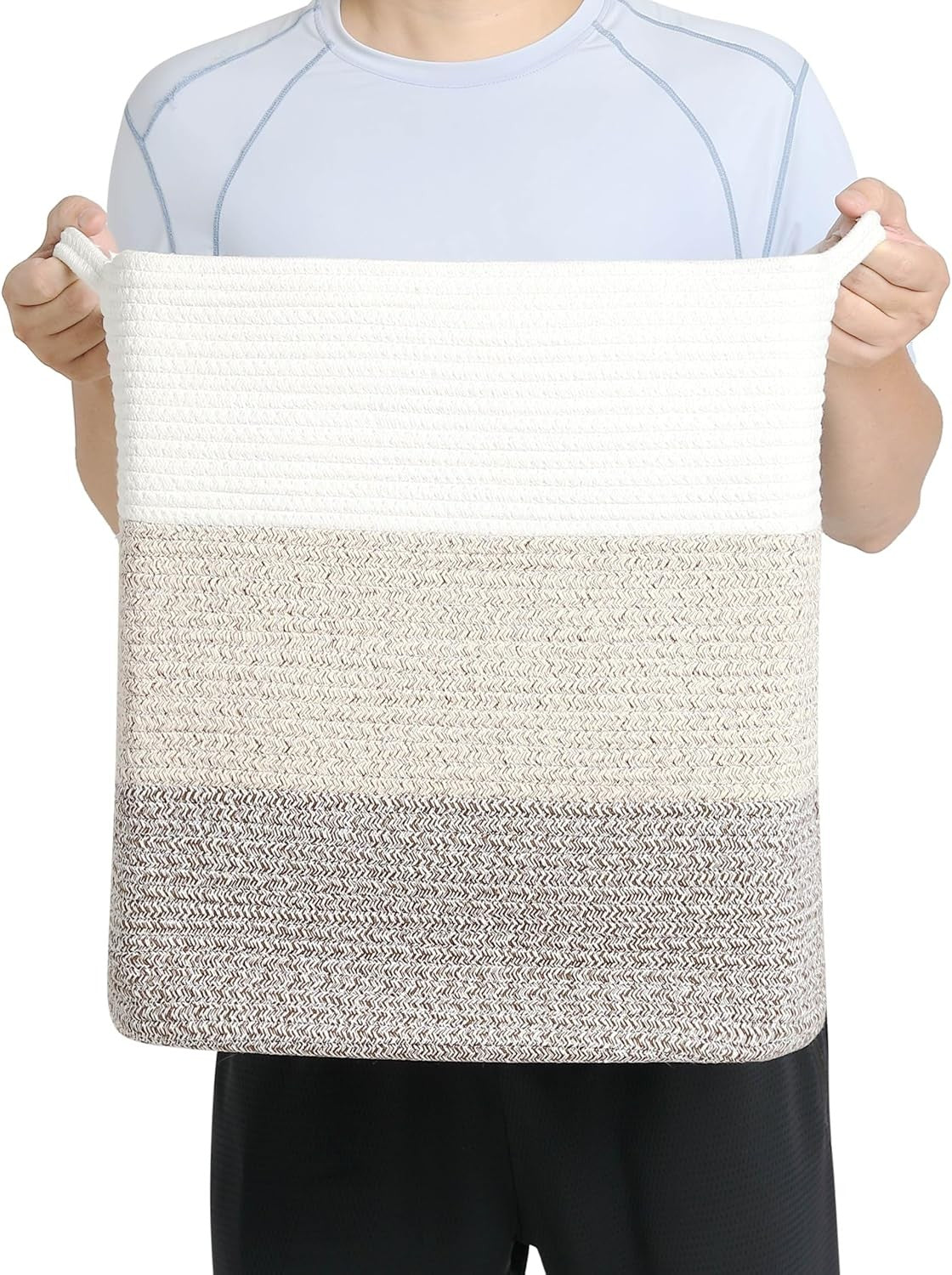 68L Woven Cotton Laundry Basket with Handles Large Gradient Brown Rope Hamper