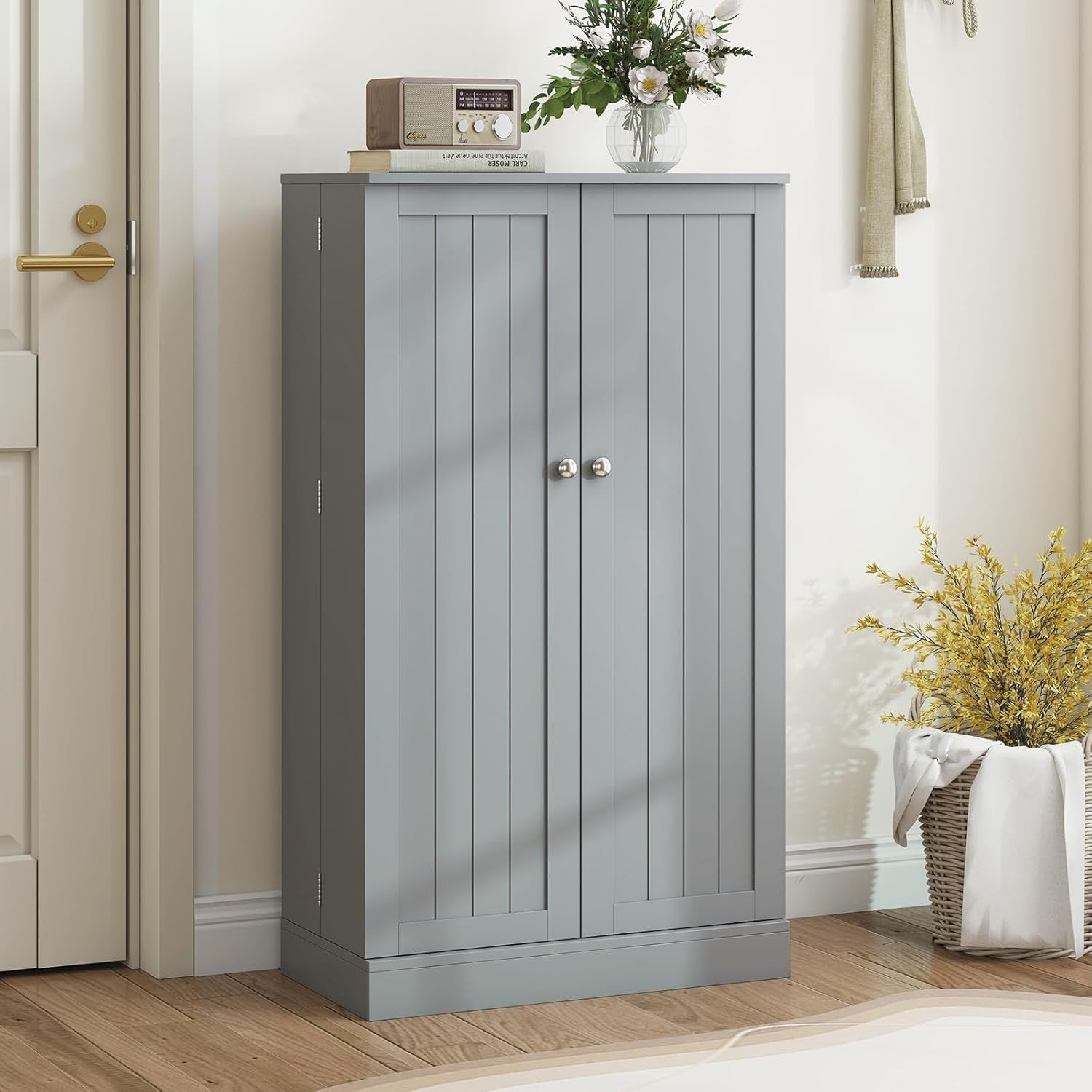 Grey Kitchen Cupboard 2-Door Pantry Adjustable Shelves 59x30x104cm