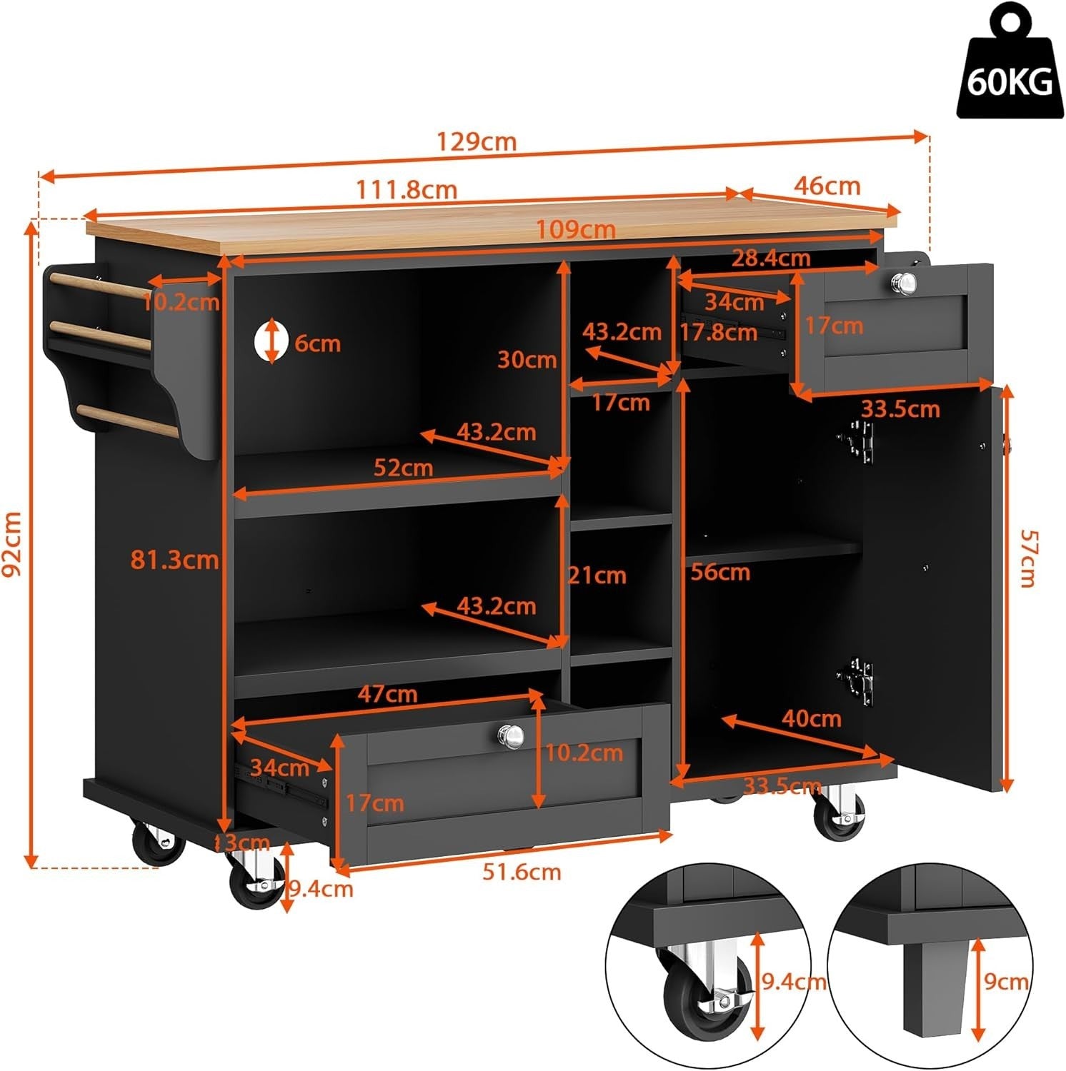 Kitchen Island on Wheels with Drawers & Cupboards, 129cm Black Unit