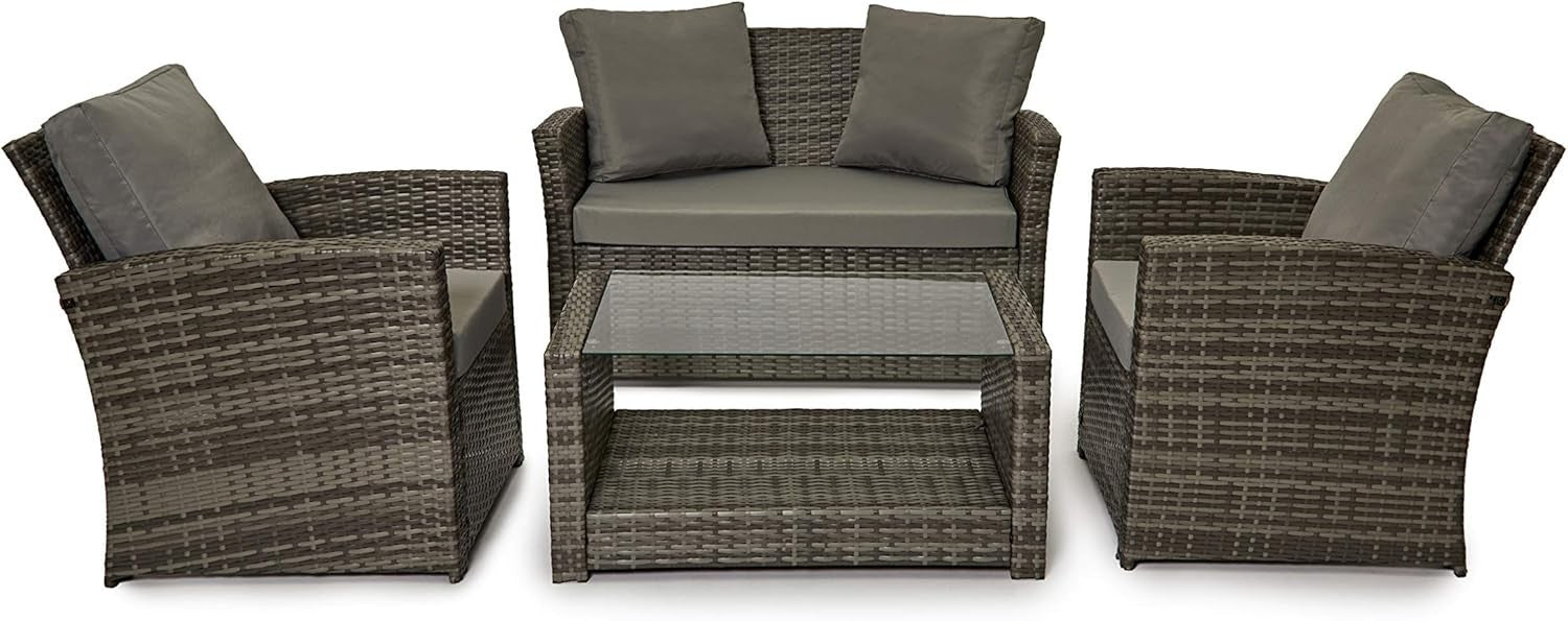 4 Seater Rattan Garden Sofa Set Grey Patio Chairs Glass Coffee Table