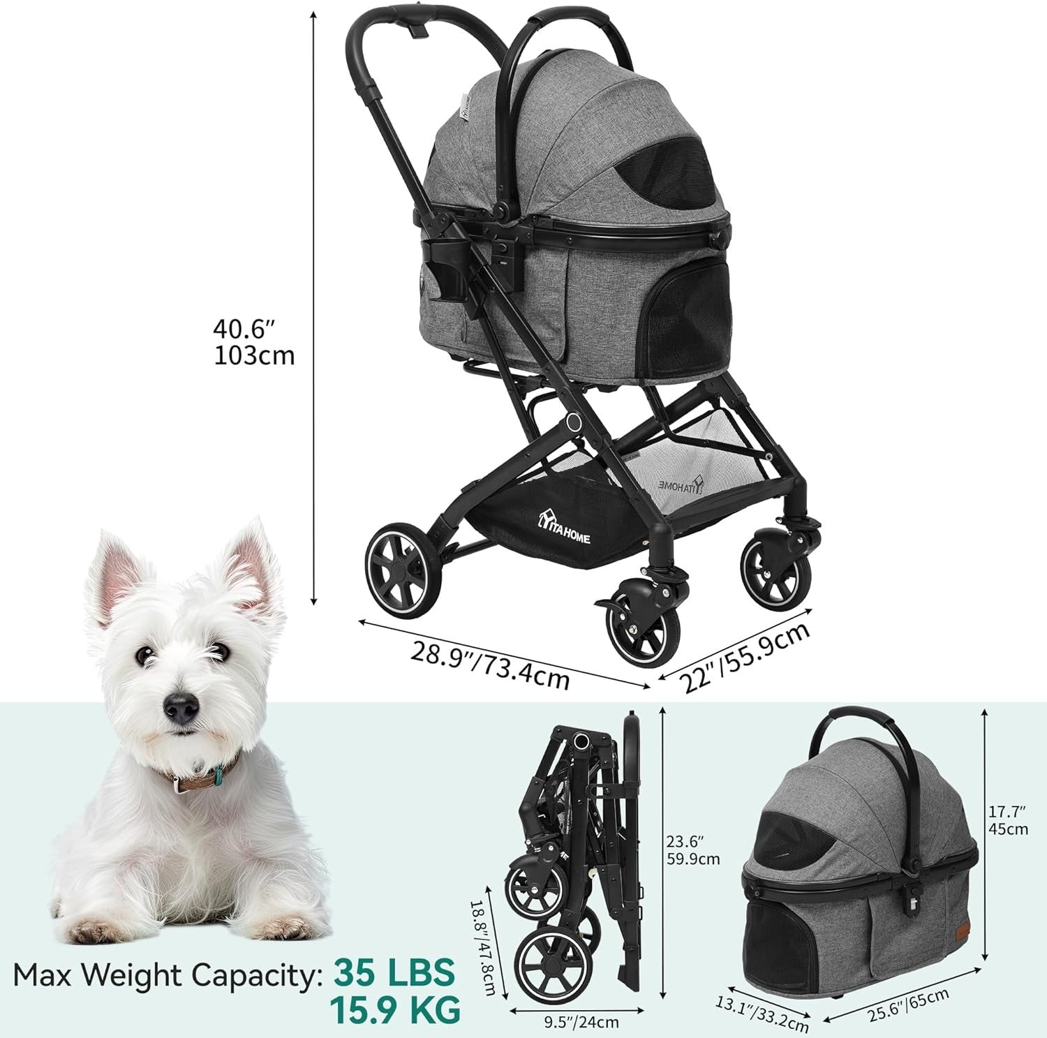 3 in 1 Dog Stroller Foldable Pet Pushchair Detachable Carrier Travel