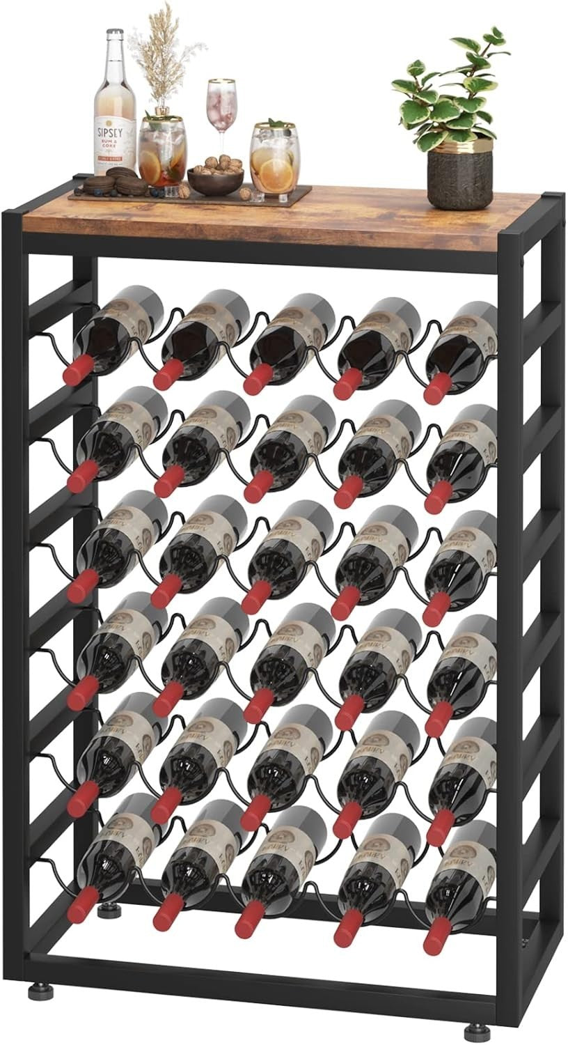 30 Bottle Wine Rack Floor Stand with Wooden Top, 6-Tier Metal Storage