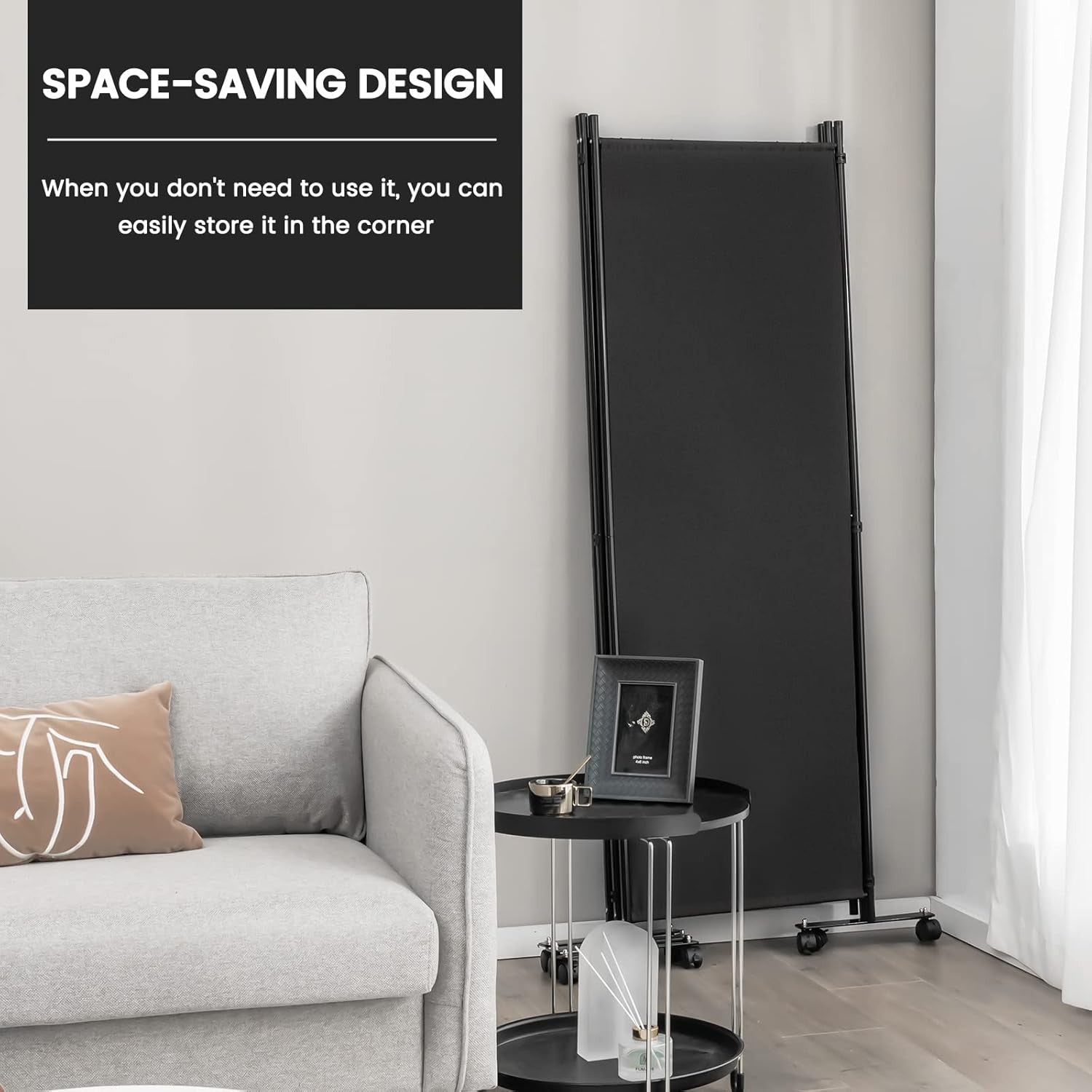4 Panel Black Folding Room Divider Privacy Screen on Wheels for Home Office