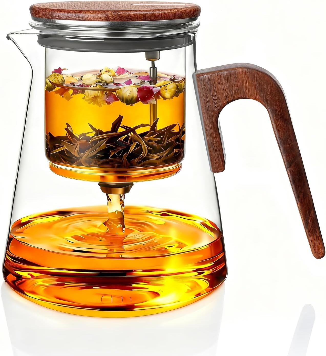 Magnetic Glass Teapot 800ml Tea Pot w Infuser Walnut Handle Lid