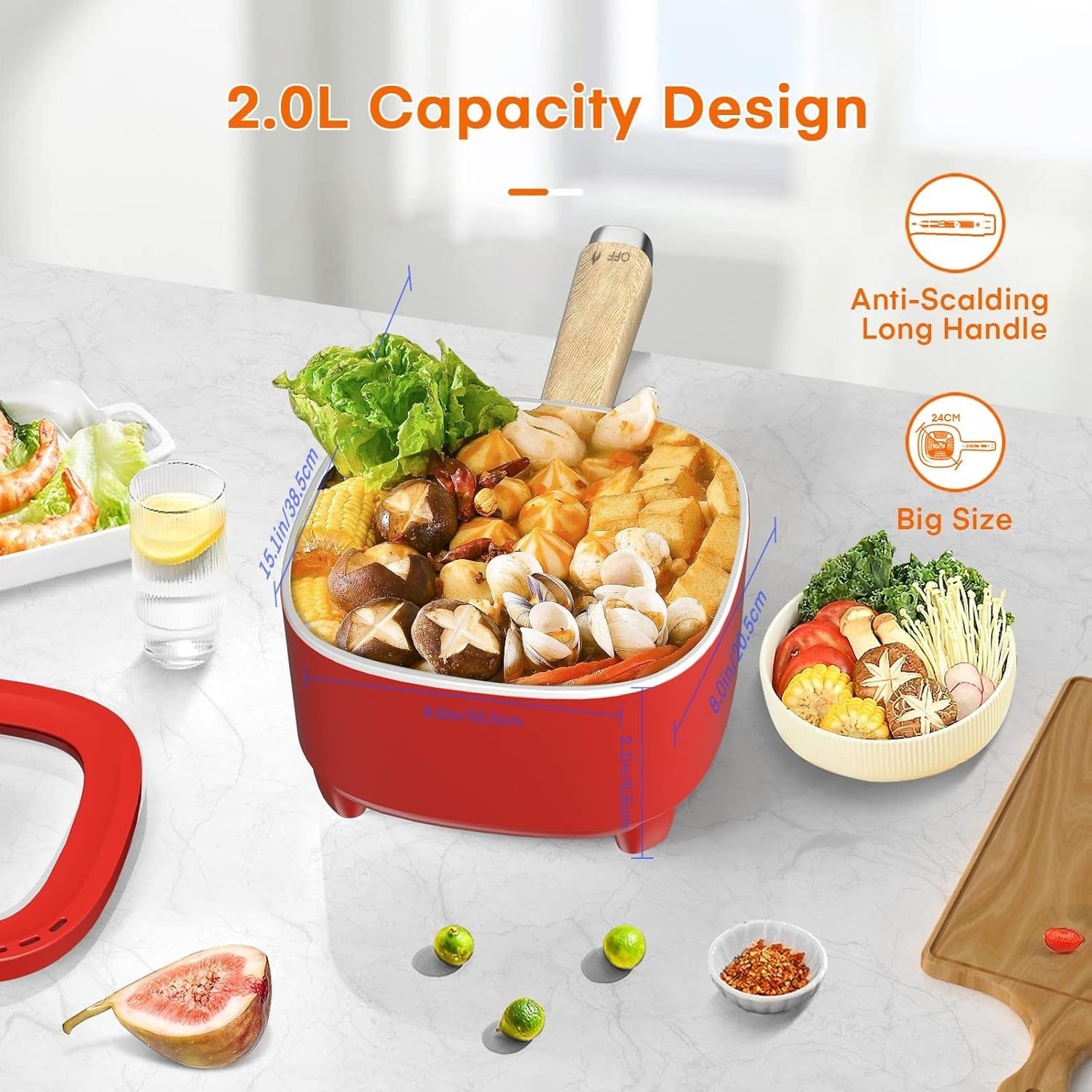 Electric Hot Pot Multi-Cooker 2L Non-Stick Ceramic Pan Portable Cooking