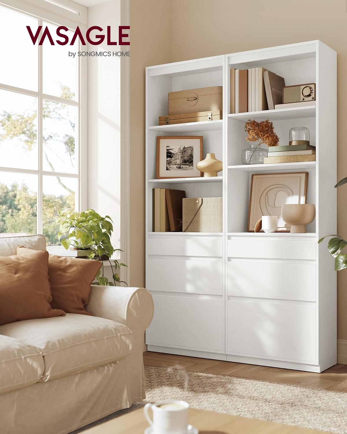 Tall White Bookcase with Drawers – Adjustable Shelves Modern 180cm Storage Unit