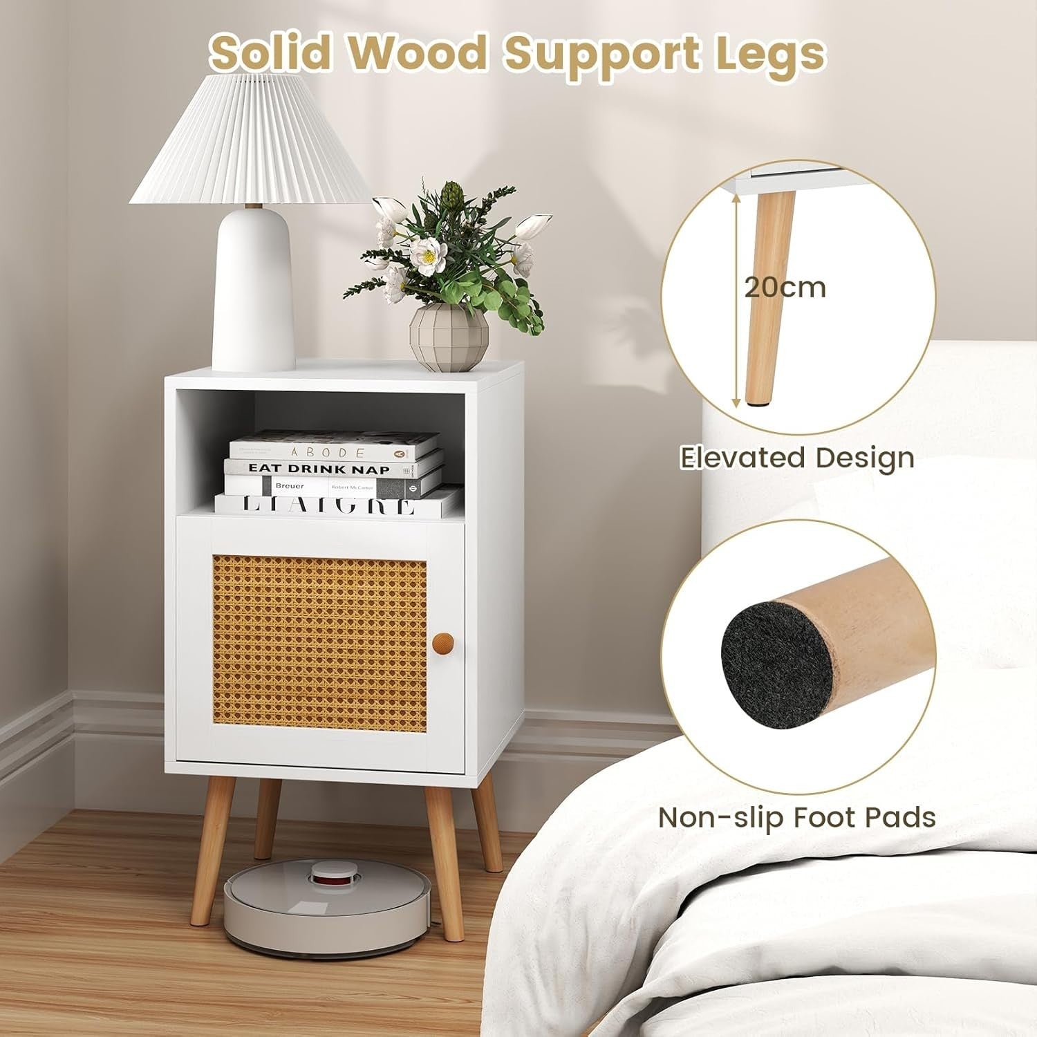 Set of 2 White & Natural Bedside Tables with Rattan Door | Modern Nightstands