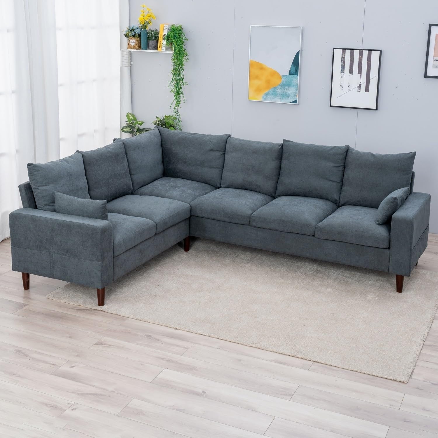 L Shape Grey Fabric Corner Sofa 6 Seater with Wood Legs Compact & Comfy