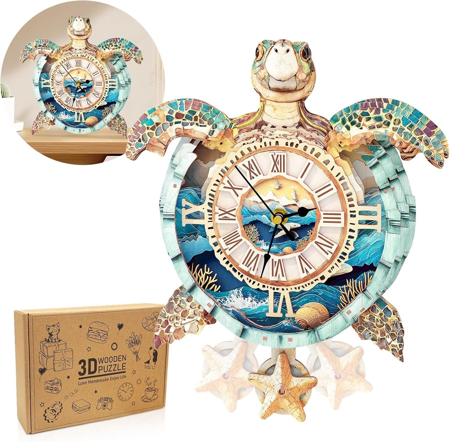3D Turtle Clock Wooden Puzzle Functional Timepiece DIY Home Decor