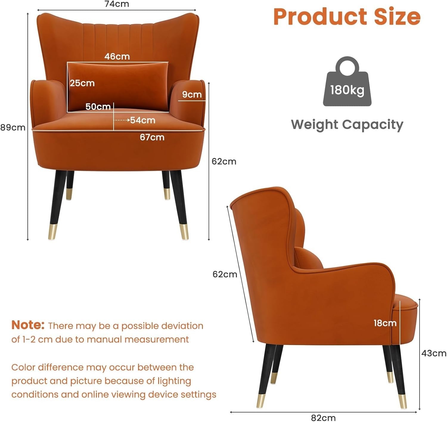Luxury Velvet Accent Chair Armchair Lounge Wing Back for Living Room