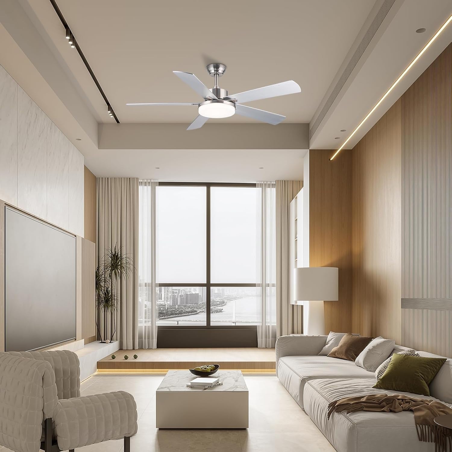 42" Silver Ceiling Fan, 6-Speed LED, Dimmable, Remote, Bedroom LR