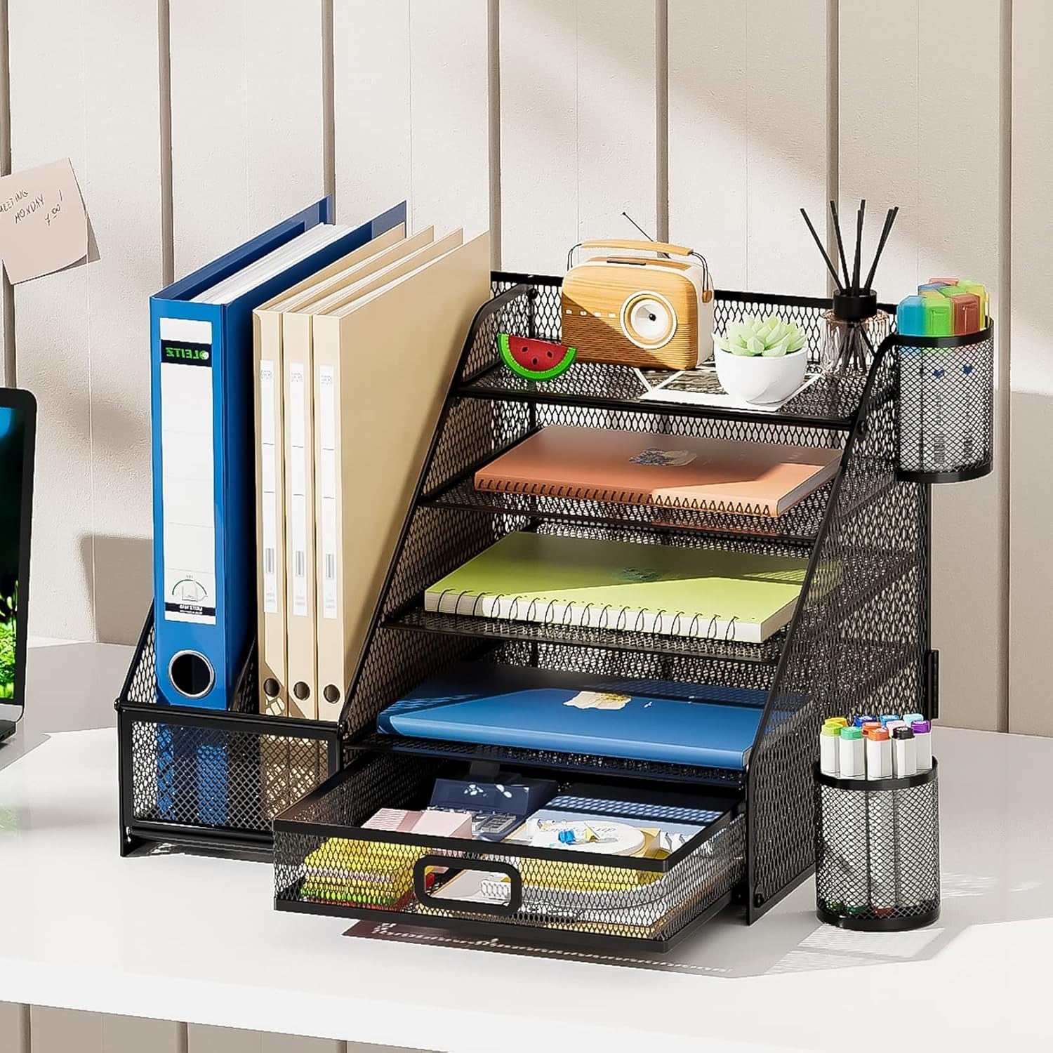 5-Tier Desk Organiser with Drawer & Pen Holders Mesh Desktop Storage