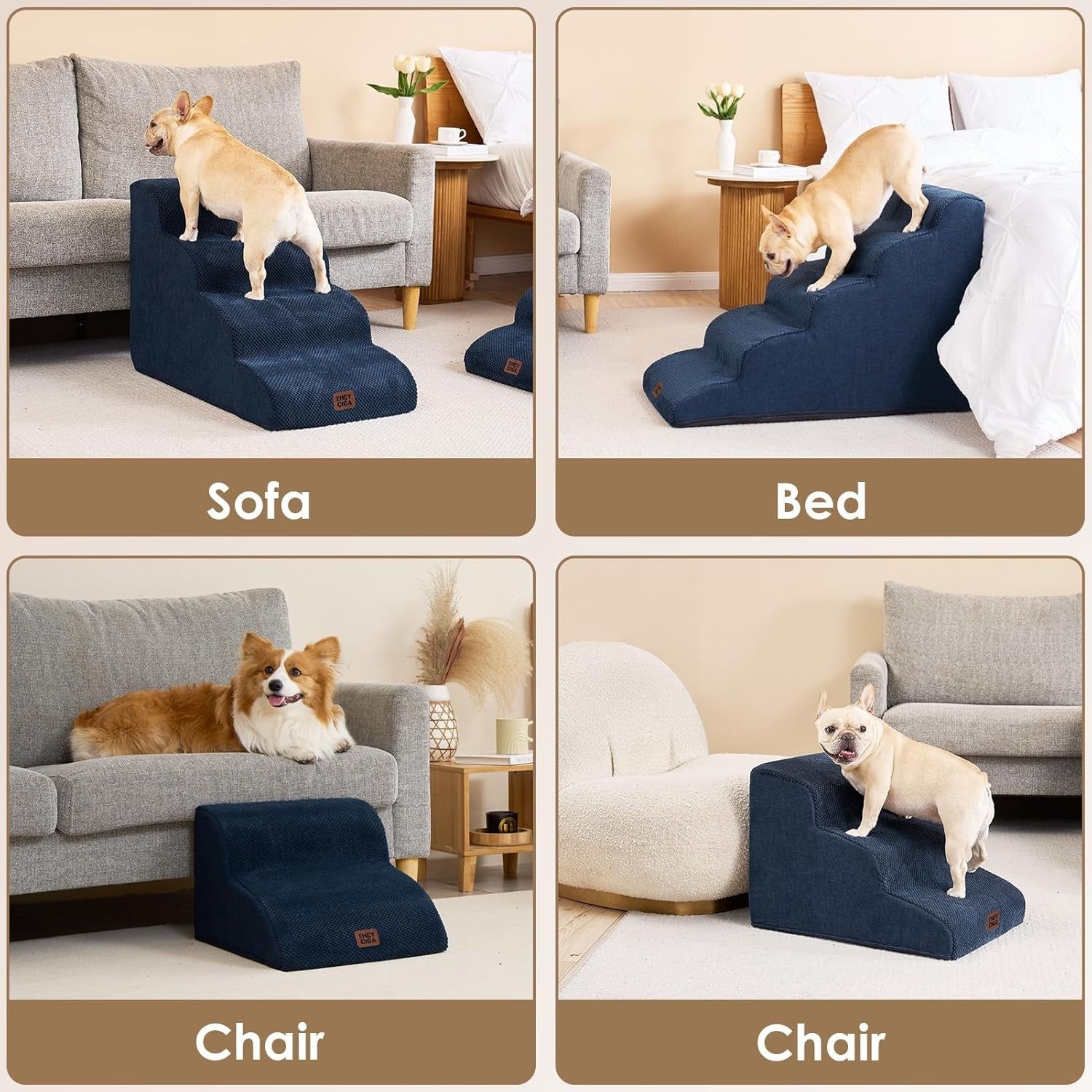 2 Step Dog Stairs for Sofa Non Slip Pet Steps Washable Navy 40x50x30