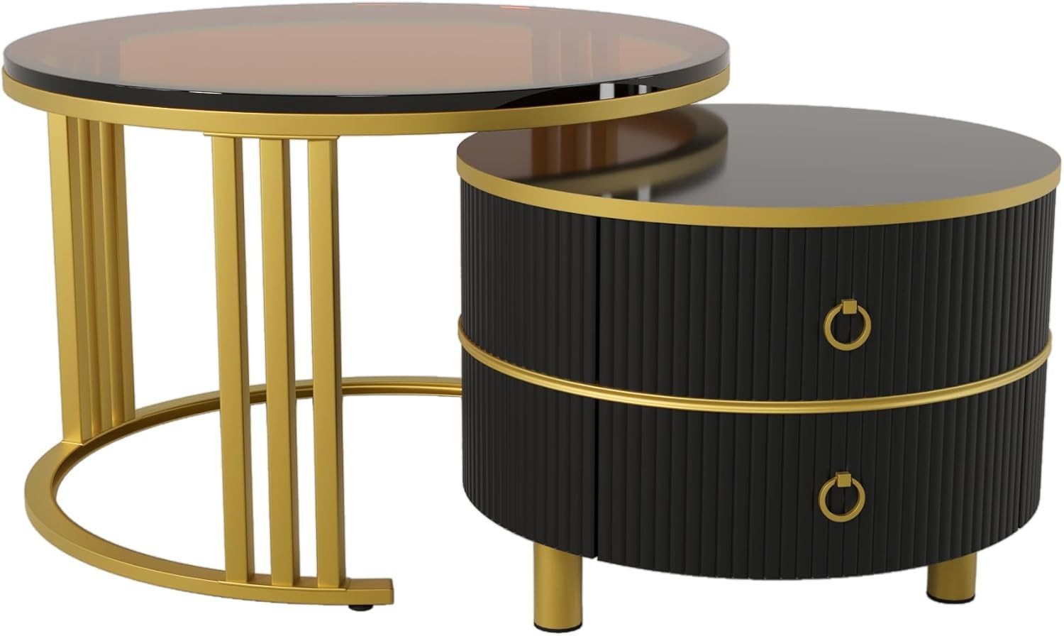 Round Glass Nesting Coffee Table Set with Drawers – Space Saving, Modern