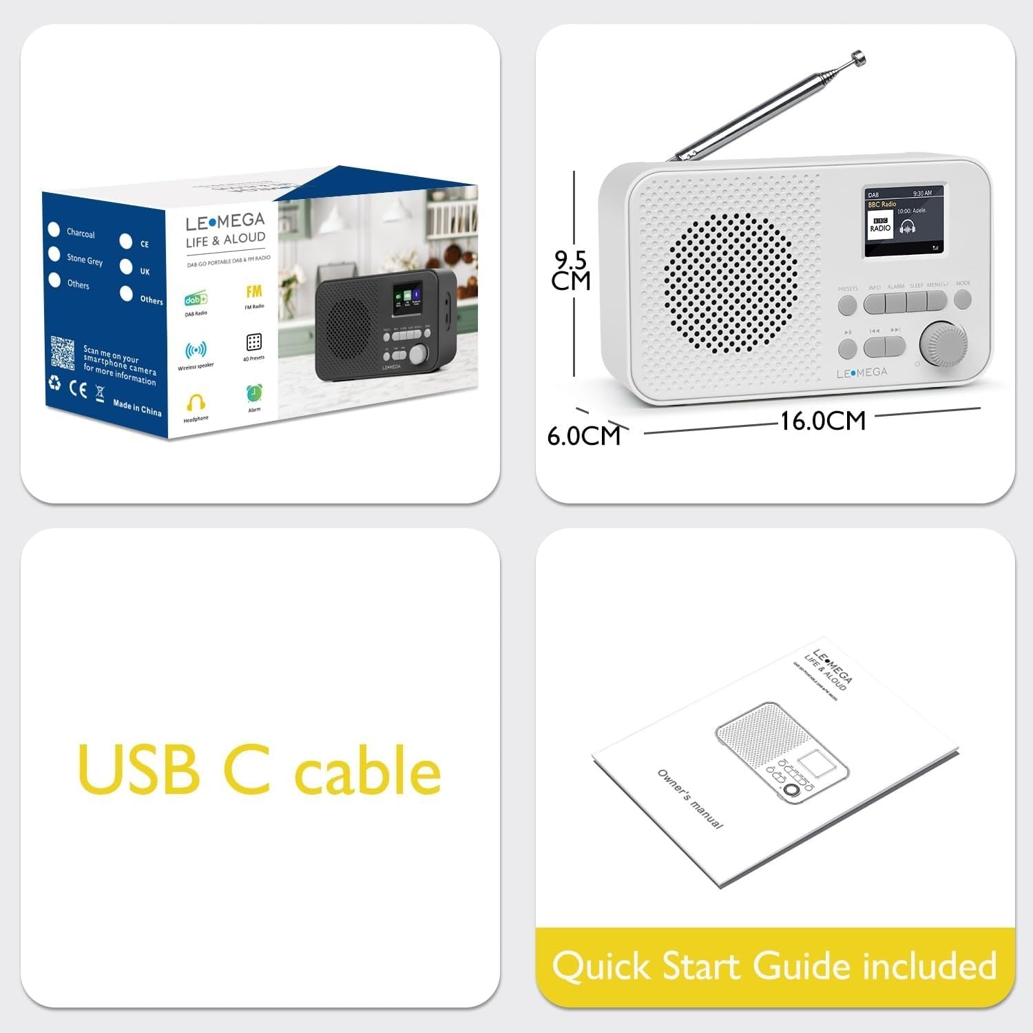 Portable DAB+ Bluetooth Radio FM USB Rechargeable Alarm Clock