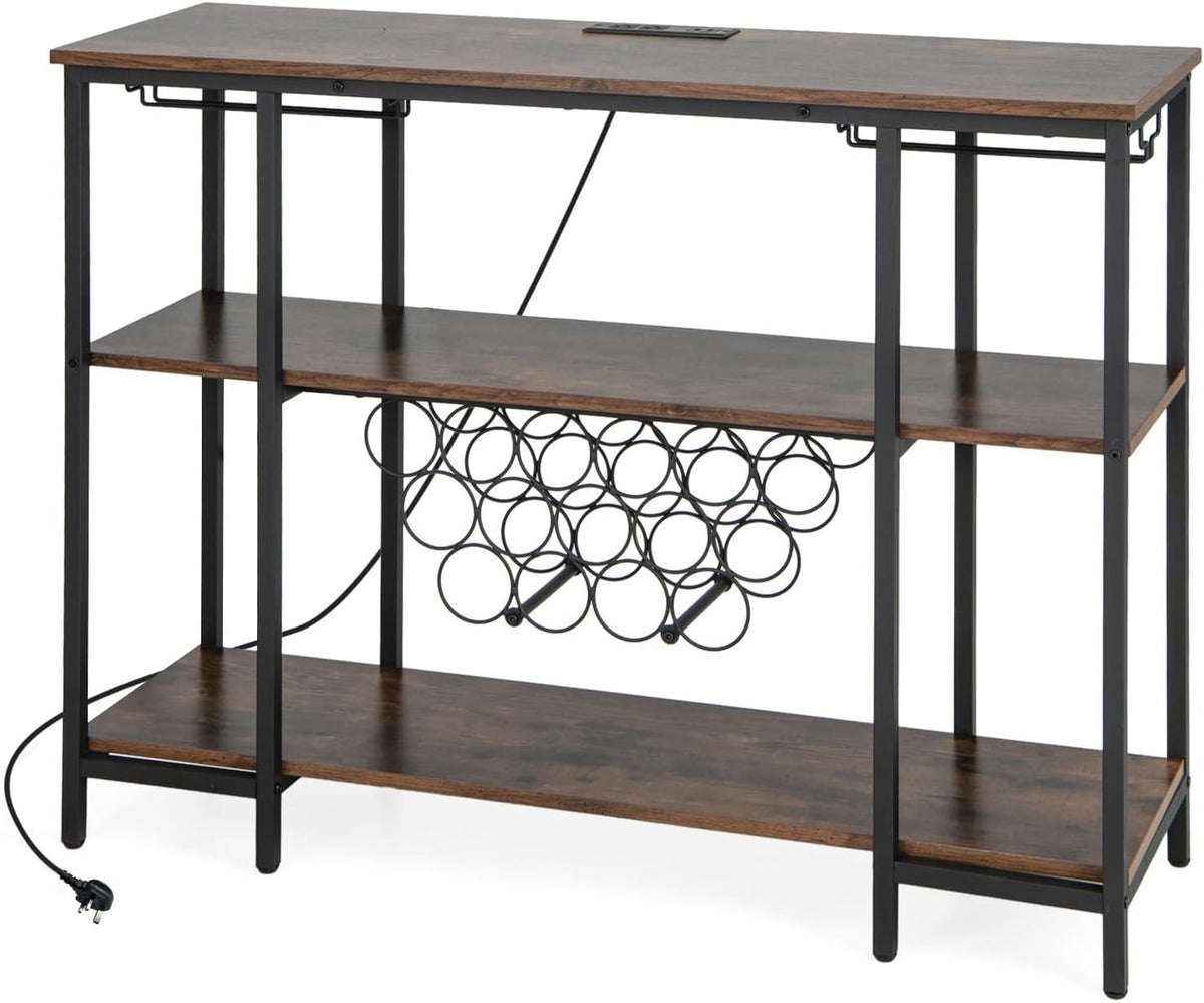 3 Tier Industrial Wine Cabinet with Countertop Glass Holders USB Charging Bar