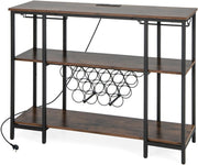 3 Tier Industrial Wine Cabinet with Countertop Glass Holders USB Charging Bar