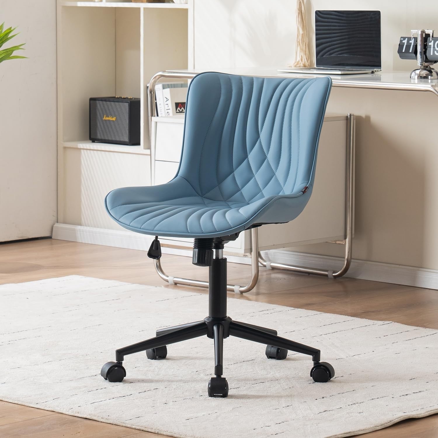 Ergonomic Blue Office Chair Swivel Desk Chair Faux Leather Home Task Seat