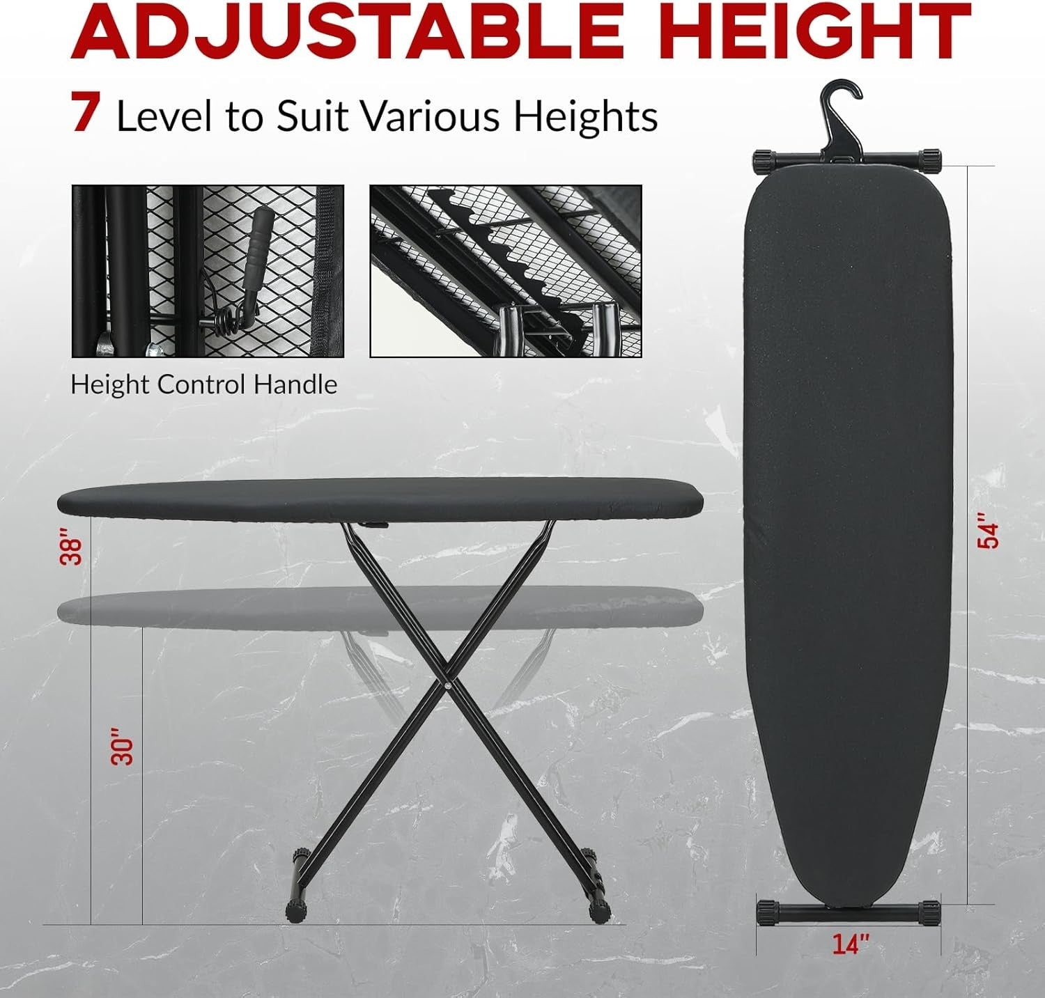 Full Size Ironing Board Adjustable Height Heavy Duty Black 134x33cm