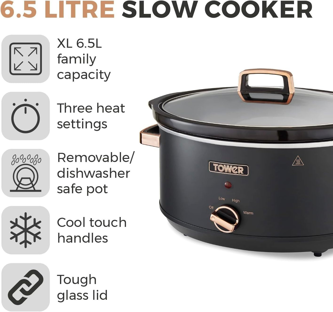 6.5L Large Electric Slow Cooker Ceramic Pot 3 Heat Settings Black Rose Gold