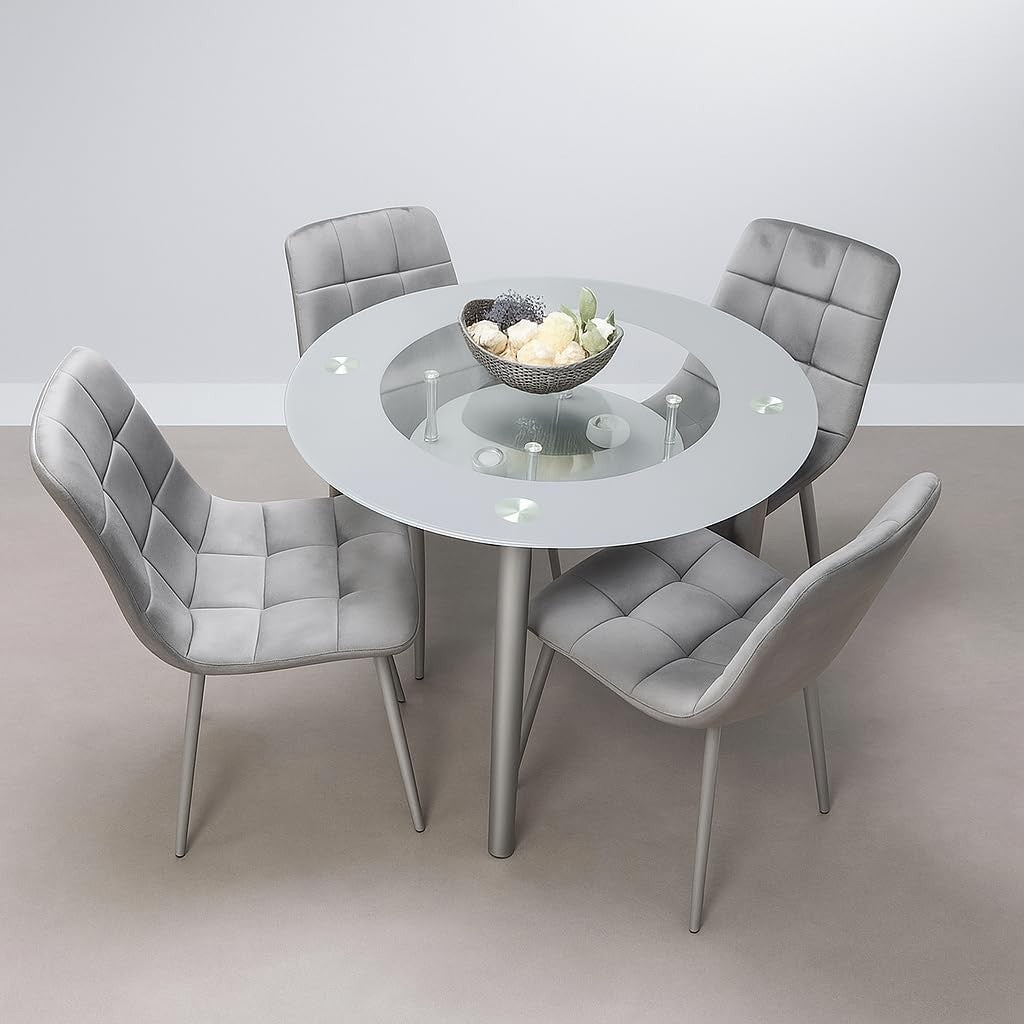 Round Glass Dining Table Set Grey Velvet Chairs | Modern Kitchen Storage