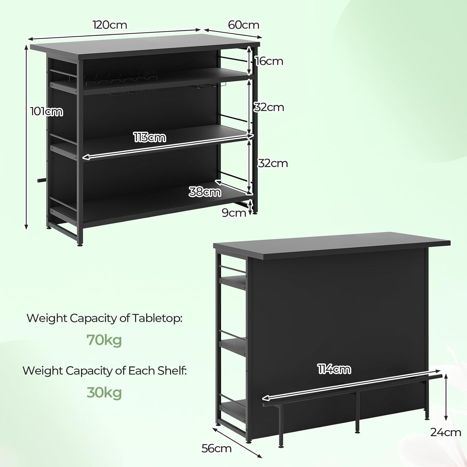 2-in-1 Kitchen Island & Home Bar Table with Wine Rack, Black 60x120x101cm