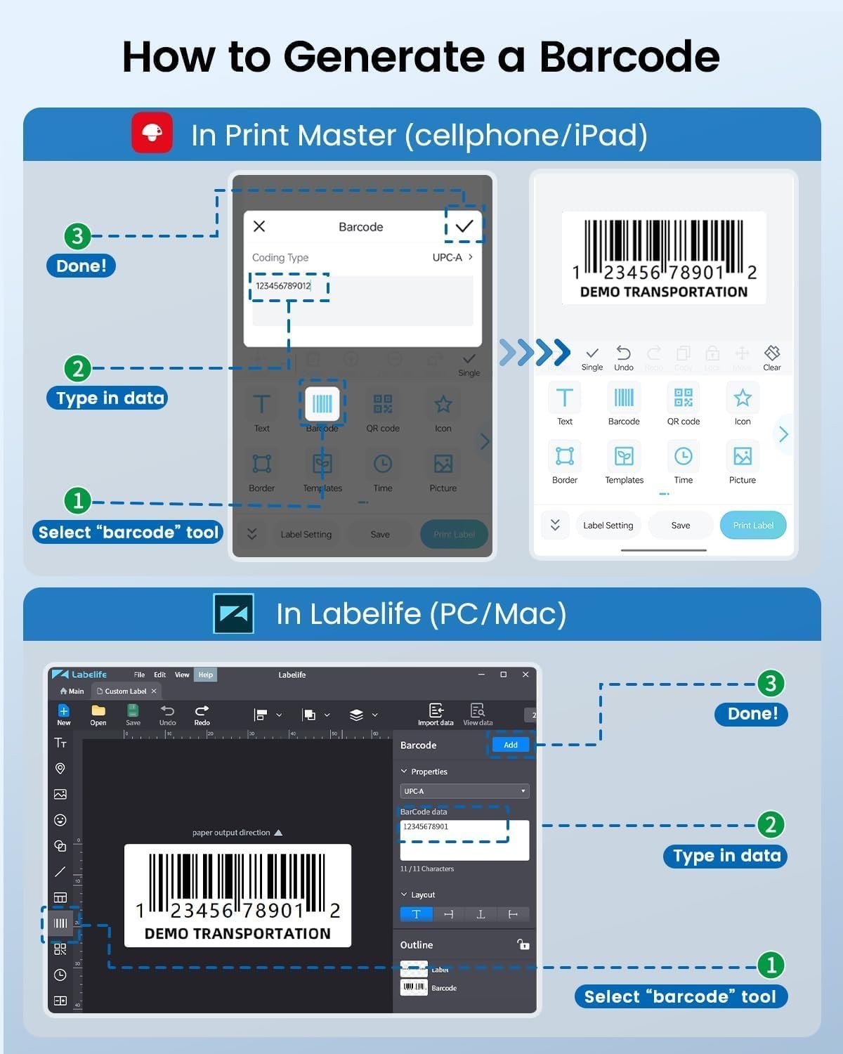 Bluetooth Thermal Label Printer 40x30mm Barcode Maker