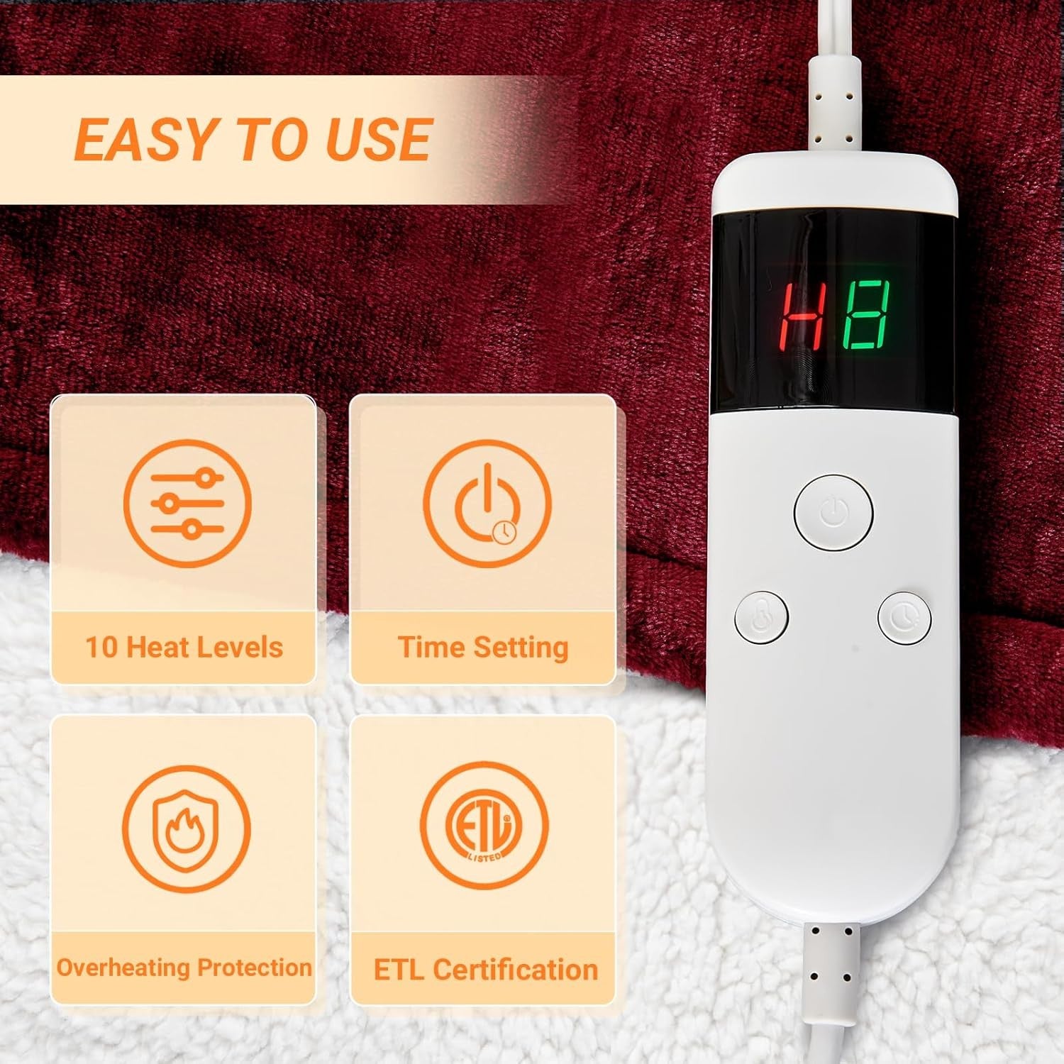 Double Electric Heated Blanket Dual Control 10 Heat Settings Auto Off 180x200cm