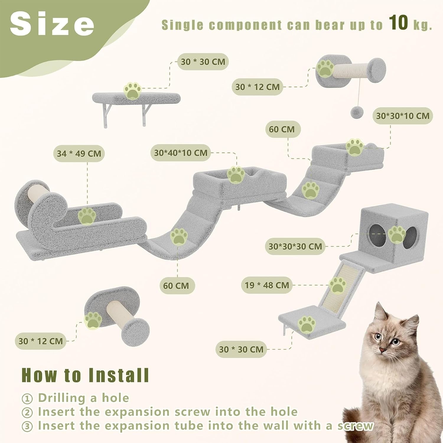 Cat Wall Shelves Set 5pcs Climbing Frame Bridge Condo Scratching Posts