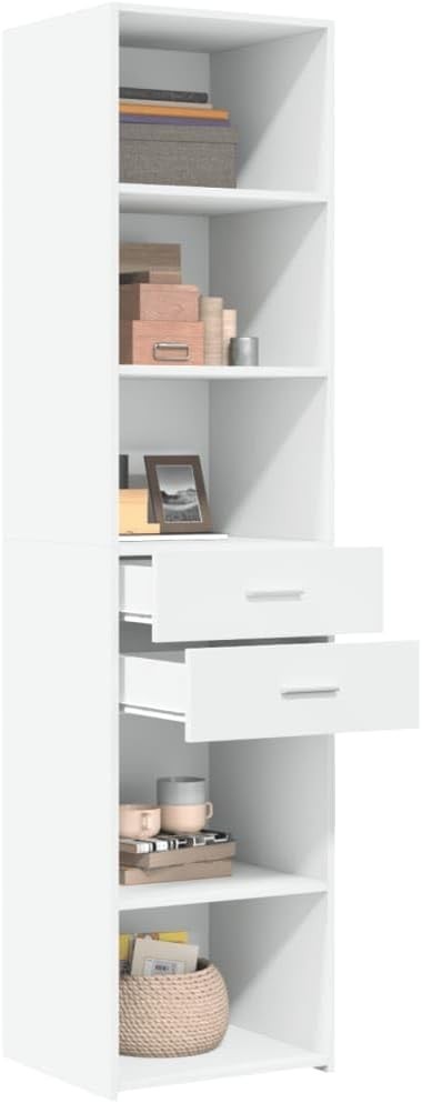 White Tall Storage Cabinet 45x42.5x185cm – Slim Bookcase with Drawers