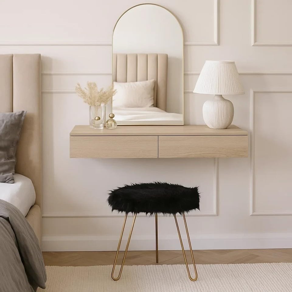 Black Faux Fur Vanity Stool Round Gold Hairpin Legs Modern Accent Seat