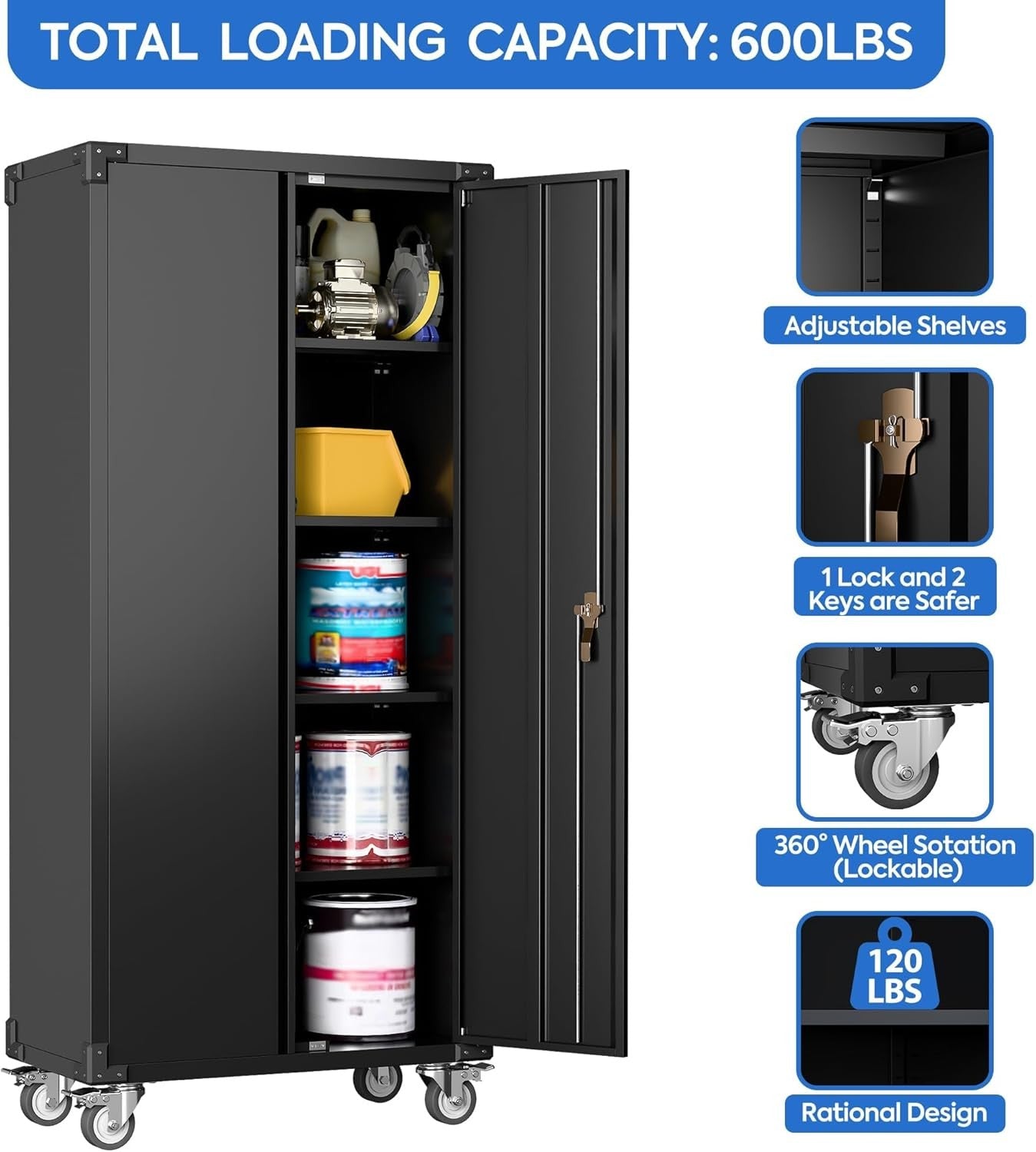 Tall Metal Storage Cabinet 183cm Lockable Doors Shelves Wheels Home Garage