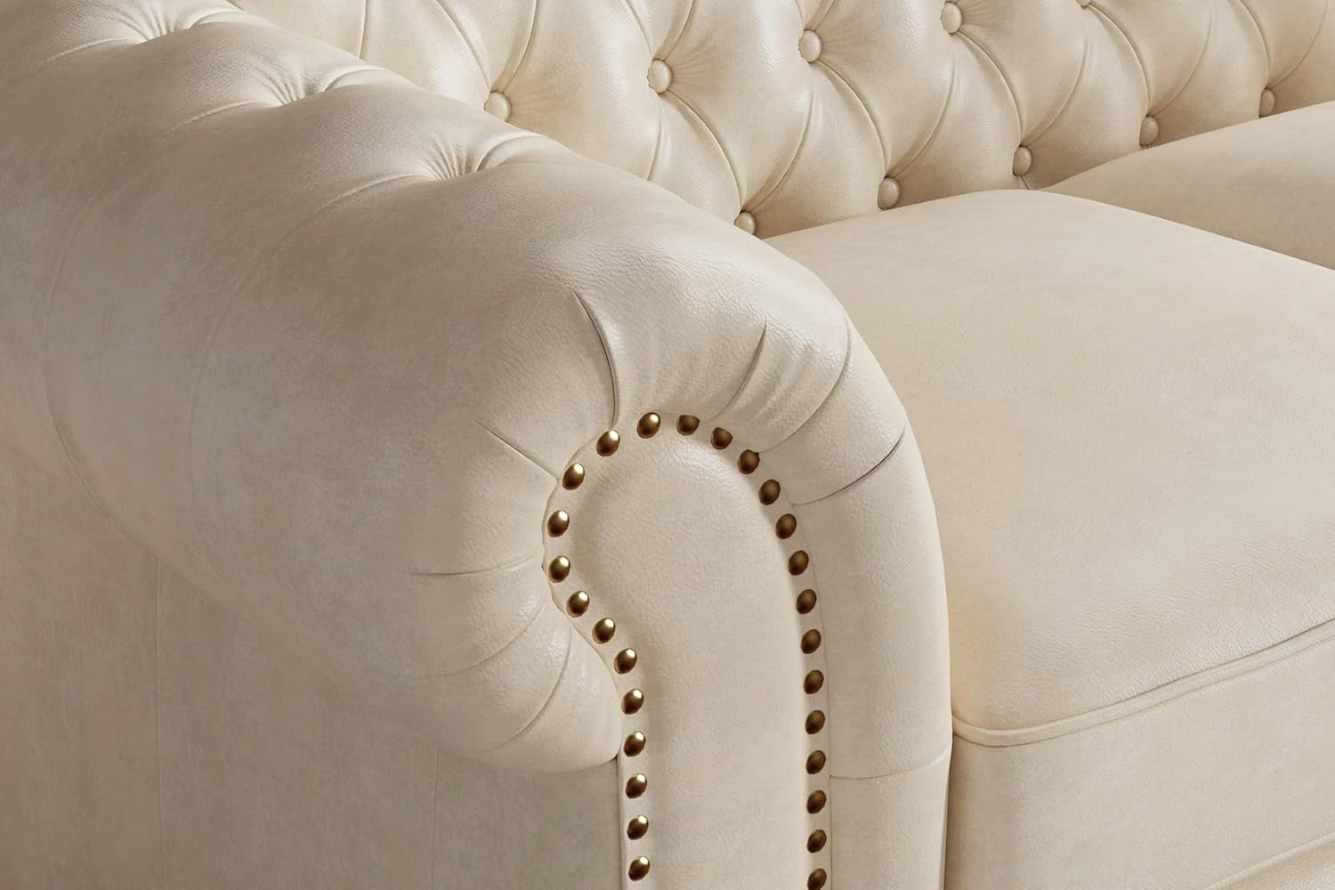 92" Beige Leather Chesterfield Sofa Full Aniline Tufted Luxury Couch