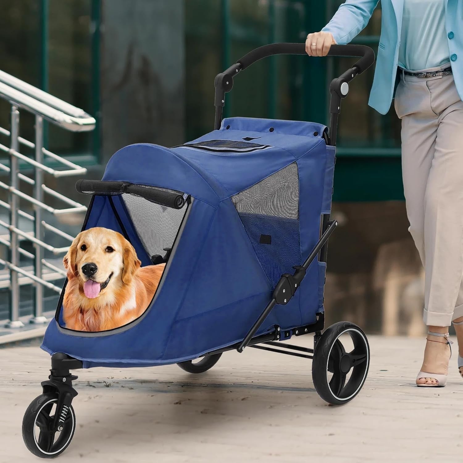 3 Wheel Dog Stroller Pushchair Foldable Pet Pram 30kg Blue