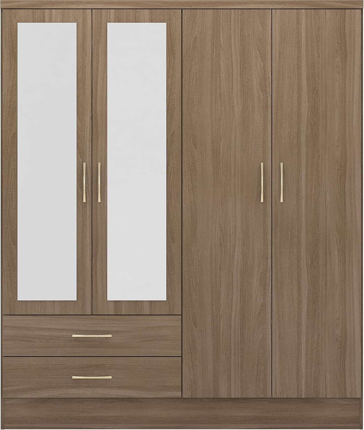 Rustic 4 Door 2 Drawer Oak Wardrobe with Mirror & Spacious Storage