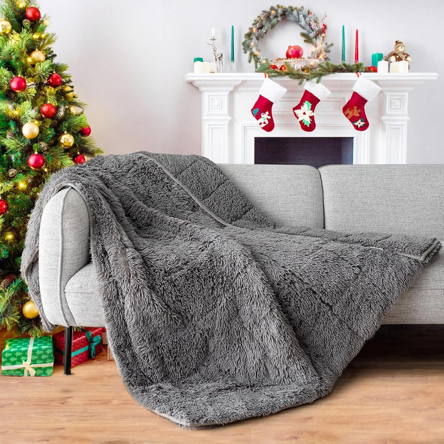 15lbs Weighted Blanket Plush Shaggy Grey Faux Fur Sherpa 48"x72" for Deep Sleep