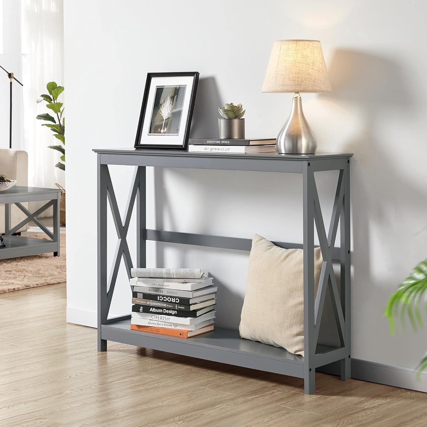 Slim 2-Tier Grey Console Table with X-Frame for Hallway & Living Room
