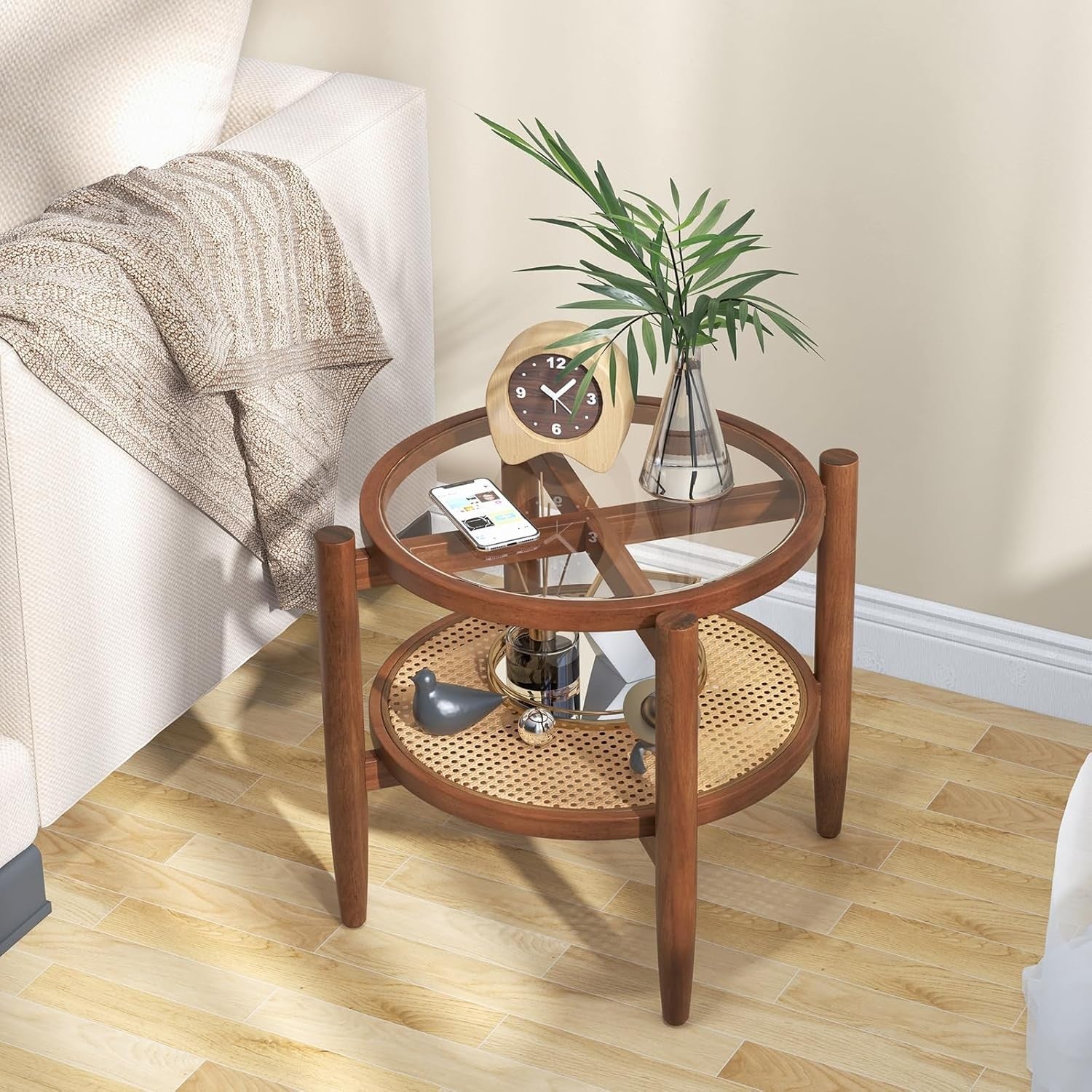 2-Tier Rattan Round Side Tables with Tempered Glass Top & Acacia Wood Legs (2PCS